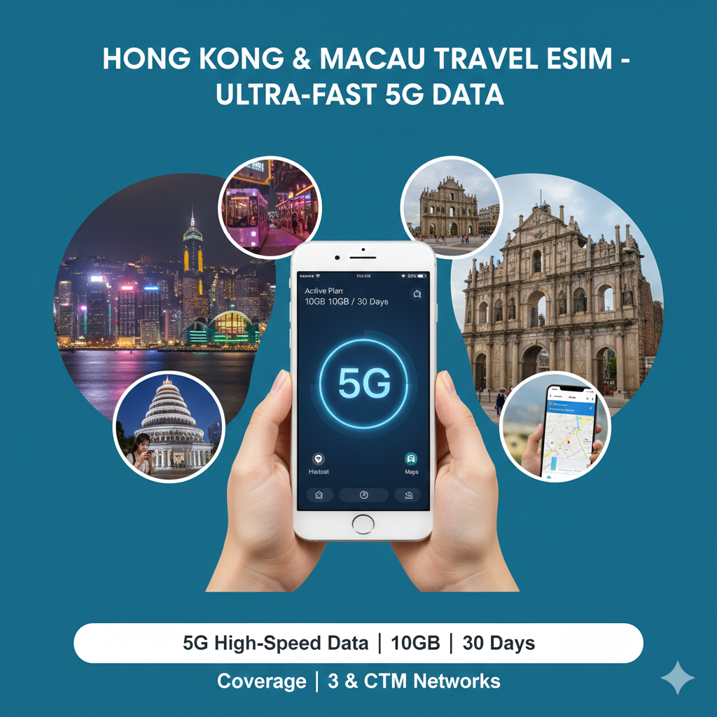Hong Kong Macau Travel eSIM | 5G | 3 & CTM | 10GB 30 Days | Instant Delivery